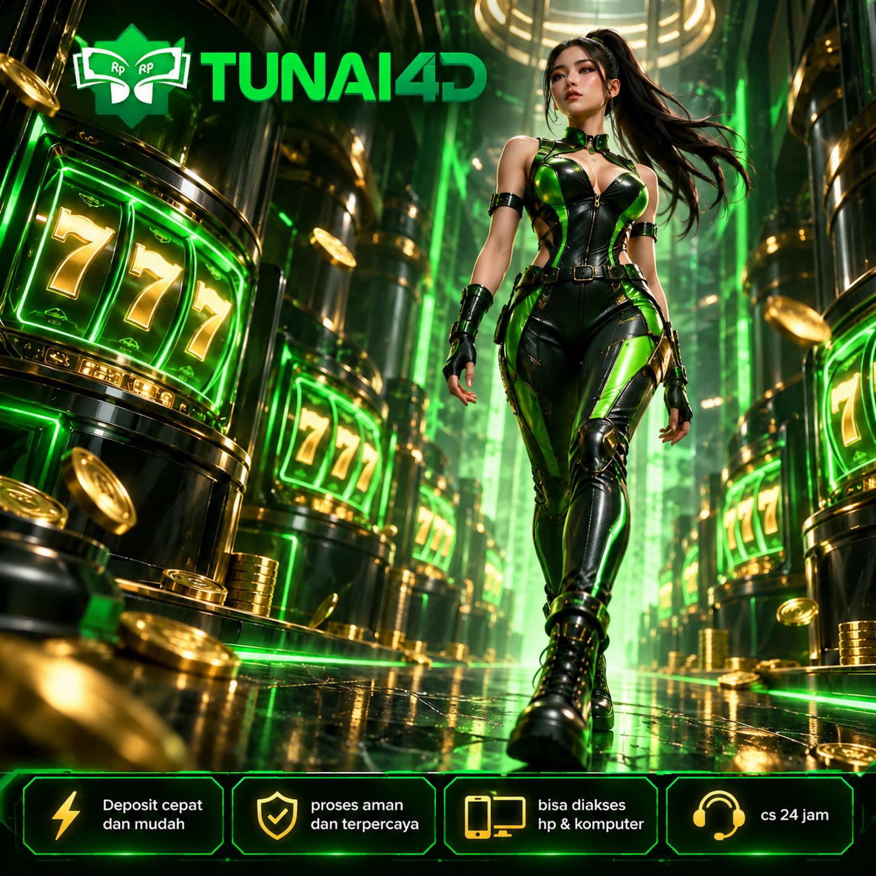 Poster TUNAI4D dengan tokoh berbusana emas, kipas, dan ilustrasi game pada ponsel